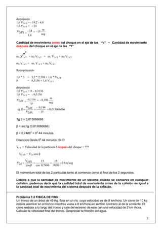 despejando
1,6 V2 d X = - 19,2 - 4,8
1,6 V2 d X = - 24
seg
m
15-
1,6
24-2dXV ==
Cantidad de movimiento antes del choque en el eje de las “Y” = Cantidad de movimiento
después del choque en el eje de las “Y”
0
m1 V1 a Y + m2 V2 a Y = m1 V1 d Y + m2 V2 d Y
m2 V2 a Y = m1 V1 d Y + m2 V2 d Y
Reemplazando
1,6 * 5 = 3,2 * 2,598 + 1,6 * V2 d Y
8 = 8,3136 + 1,6 V2 d Y
despejando
1,6 V2 d Y = 8 – 8,3136
1,6 V2 d Y = - 0,3136
seg
m
0,196-V
1,6
0,3136-2dY ==
60,01306666
15-
0,196-
V
V
tg
2dX
2dY ===β
Tg β = 0,013066666
β = arc tg (0,013066666)
β = 0,74860
= 00
44 minutos.
Direccion Oeste 00
44 minutos. SUR
V2 d = Velocidad de la partícula 2 después del choque = ???
segm15
.9999
15
0,7486cos
15
cos
V
V 2dX
2d ====
β
El momentum total de las 2 partículas tanto al comienzo como al final de los 2 segundos.
Debido a que la cantidad de movimiento de un sistema aislado se conserva en cualquier
colisión, podemos decir que la cantidad total de movimiento antes de la colisión es igual a
la cantidad total de movimiento del sistema después de la colisión.
Problema 7.2 FISICA DE FINN
Un tronco de un árbol de 45 Kg. flota en un río cuya velocidad es de 8 km/hora. Un cisne de 10 kg
intenta aterrizar en el tronco mientras vuela a 8 km/hora en sentido contrario al de la corriente. El
cisne resbala a lo largo del tronco y sale del extremo de este con una velocidad de 2 km /hora.
Calcular la velocidad final del tronco. Despreciar la fricción del agua.
3
V2 d X = V2 d cos β
 