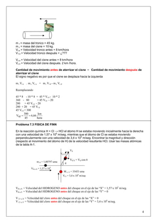 m t = masa del tronco = 45 kg.
m c = masa del cisne = 10 kg.
Vt a = Velocidad tronco antes = 8 km/hora
V t d = Velocidad tronco después = ¿???
Vc a = Velocidad del cisne antes = 8 km/hora
Vc d = Velocidad del cisne después. 2 km /hora.
Cantidad de movimiento antes de aterrizar el cisne = Cantidad de movimiento después de
aterrizar el cisne
El signo negativo es por que el cisne se desplaza hacia la izquierda
m t Vt a - mc Vc a = mt Vt d - mc Vc d
Reemplazando
45 * 8 - 10 * 8 = 45 * Vt d - 10 * 2
360 - 80 = 45 Vt d - 20
280 = 45 Vt d - 20
280 + 20 = 45 Vt d
45 Vt d = 300
hora
km
6,66
45
300
Vtd ==
Problema 7.3 FISICA DE FINN
En la reacción química H + Cl → HCl el átomo H se estaba moviendo inicialmente hacia la derecha
con una velocidad de 1,57 x 105
m/seg, mientras que el átomo de Cl se estaba moviendo
perpendicularmente con una velocidad de 3,4 x 104
m/seg. Encontrar la magnitud y dirección
(respecto al movimiento del átomo de H) de la velocidad resultante HCl. Usar las masas atómicas
de la tabla A-1.
VH a X = Velocidad del HIDROGENO antes del choque en el eje de las “X” = 1,57 x 105
m/seg.
VH a Y = Velocidad del HIDROGENO antes del choque en el eje de las “Y” = 0
V Cl a X = Velocidad del cloro antes del choque en el eje de las “X” = 0
V Cl a Y = Velocidad del cloro antes del choque en el eje de las “Y” = 3,4 x 104
m/seg.
4
θ
Vd X = Vd cos θ
Vd
Vd Y
m H = 1,00797 uma
M c l 2 = 35453 uma
VH a X = 1,57 x 105
VCl = 3,4 x 104
m/seg
 