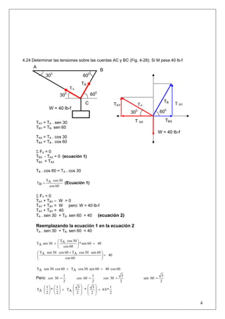 4.24 Determinar las tensiones sobre las cuerdas AC y BC (Fig. 4-28). Si M pesa 40 lb-f
TAY = TA . sen 30
TBY = TB. sen 60B
TAX = TA . cos 30
TBX = TB . cos 60B
Σ FX = 0
TBX - TAX = 0 (ecuación 1)
TBX = TAX
TB . cos 60 = TB
A . cos 30
60cos
30cosAT
BT = (Ecuación 1)
Σ FY = 0
TAY + TBY – W = 0
TAY + TBY = W pero: W = 40 lb-f
TAY + TBY = 40
TA . sen 30 + TB. sen 60 = 40 (ecuación 2)B
Reemplazando la ecuación 1 en la ecuación 2
TA . sen 30 + TB. sen 60 = 40B
4060sen*
60cos
30cosAT
30senAT =⎟⎟
⎠
⎞
⎜⎜
⎝
⎛
+
40
60cos
60sen30cosAT60cos30senAT
=⎟⎟
⎠
⎞
⎜⎜
⎝
⎛ +
60cos4060sen30cosAT60cos30senAT =+
Pero:
2
1
30 =sen
2
1
06cos =
2
3
03cos =
2
3
06sen =
2
1
*04
2
3
*
2
3
AT
2
1
*
2
1
AT =
⎟
⎟
⎠
⎞
⎜
⎜
⎝
⎛
⎟
⎟
⎠
⎞
⎜
⎜
⎝
⎛
+⎟
⎠
⎞
⎜
⎝
⎛
⎟
⎠
⎞
⎜
⎝
⎛
4
C
600
TA
TB
600
600
T AX
300
W = 40 lb-f
A
B
TATAY
TBX
T BY
TB
300
W = 40 lb-f
300
 
