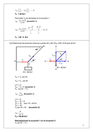 20
4
3
AT
4
1
AT =⎟
⎠
⎞
⎜
⎝
⎛
+⎟
⎠
⎞
⎜
⎝
⎛
TA = 20 lb-f
Para hallar TB se reemplaza en la ecuación 1.B
60cos
30cosAT
BT = (ecuación 1)
320
2
1
2
340
2
1
2
3
*20
60cos
30cosAT
BT ====
TB = 20 √3 lb-fB
4.24 Determinar las tensiones sobre las cuerdas AC y BC (Fig. 4-28). Si M pesa 40 lb-f
TBY = TB. sen 45B
TBX = TB . cos 45B
Σ FX = 0
TBX - TA = 0 (ecuación 1)
TB . cos 45 = TB
A
45cos
AT
BT = (Ecuación 1)
Σ FY = 0
TBY – W = 0
TBY = W pero: W = 40 lb-f
TBY = 40
TB sen 45 = 40 (ecuación 2)B
45sen
40
BT =
TB = 56,56 lb-fB
Reemplazando la ecuación 1 en la ecuación 2
TB cos 45 = TB
A
5
C
B
A 45 0
TB
TA 450
T BX
45 0
W = 40 lb-f
T BY
TA
TB
W = 40 lb-f
 