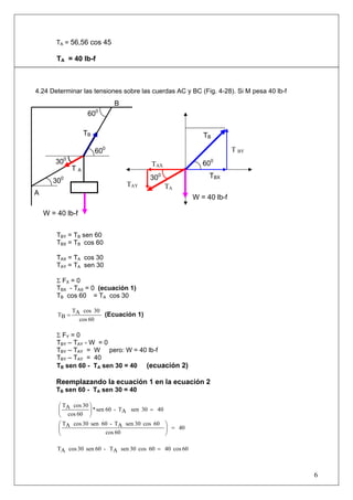 TA = 56,56 cos 45
TA = 40 lb-f
4.24 Determinar las tensiones sobre las cuerdas AC y BC (Fig. 4-28). Si M pesa 40 lb-f
TBY = TB sen 60B
TBX = TB cos 60B
TAX = TA cos 30
TAY = TA sen 30
Σ FX = 0
TBX - TAX = 0 (ecuación 1)
TB cos 60 = TB
A cos 30
60cos
30cosAT
BT = (Ecuación 1)
Σ FY = 0
TBY – TAY - W = 0
TBY – TAY = W pero: W = 40 lb-f
TBY – TAY = 40
TB sen 60 - TB
A sen 30 = 40 (ecuación 2)
Reemplazando la ecuación 1 en la ecuación 2
TB sen 60 - TB
A sen 30 = 40
4030senAT-60sen*
60cos
30cosAT
=⎟⎟
⎠
⎞
⎜⎜
⎝
⎛
40
60cos
60cos30senAT-60sen30cosAT
=⎟⎟
⎠
⎞
⎜⎜
⎝
⎛
60cos4060cos30senAT-60sen30cosAT =
6
A
B
600
300 300
TAY
TAX
300
T A
TB
600
W = 40 lb-f
TB
600
TA
TBX
T BY
W = 40 lb-f
 