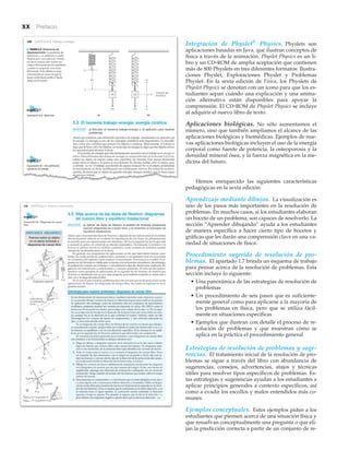 xx Prefacio
Integración de Physlet®
Physics. Physlets son
aplicaciones basadas en Java, que ilustran conceptos de
física a través de la animación. Physlet Physics es un li-
bro y un CD-ROM de amplia aceptación que contienen
más de 800 Physlets en tres diferentes formatos: Ilustra-
ciones Physlet, Exploraciones Physlet y Problemas
Physlet. En la sexta edición de Física, los Physlets de
Physlet Physics se denotan con un icono para que los es-
tudiantes sepan cuándo una explicación y una anima-
ción alternativa están disponibles para apoyar la
comprensión. El CD-ROM de Physlet Physics se incluye
al adquirir el nuevo libro de texto.
Aplicaciones biológicas. No sólo aumentamos el
número, sino que también ampliamos el alcance de las
aplicaciones biológicas y biomédicas. Ejemplos de nue-
vas aplicaciones biológicas incluyen el uso de la energía
corporal como fuente de potencia, la osteoporosis y la
densidad mineral ósea, y la fuerza magnética en la me-
dicina del futuro.
Hemos enriquecido las siguientes características
pedagógicas en la sexta edición:
Aprendizaje mediante dibujos. La visualización es
uno de los pasos más importantes en la resolución de
problemas. En muchos casos, si los estudiantes elaboran
un boceto de un problema, son capaces de resolverlo. La
sección “Aprender dibujando” ayuda a los estudiantes
de manera específica a hacer cierto tipo de bocetos y
gráficas que les darán una comprensión clave en una va-
riedad de situaciones de física.
Procedimiento sugerido de resolución de pro-
blemas. El apartado 1.7 brinda un esquema de trabajo
para pensar acerca de la resolución de problemas. Esta
sección incluye lo siguiente:
• Una panorámica de las estrategias de resolución de
problemas
• Un procedimiento de seis pasos que es suficiente-
mente general como para aplicarse a la mayoría de
los problemas en física, pero que se utiliza fácil-
mente en situaciones específicas
• Ejemplos que ilustran con detalle el proceso de re-
solución de problemas y que muestran cómo se
aplica en la práctica el procedimiento general
Estrategias de resolución de problemas y suge-
rencias. El tratamiento inicial de la resolución de pro-
blemas se sigue a través del libro con abundancia de
sugerencias, consejos, advertencias, atajos y técnicas
útiles para resolver tipos específicos de problemas. Es-
tas estrategias y sugerencias ayudan a los estudiantes a
aplicar principios generales a contexto específicos, así
como a evadir los escollos y malos entendidos más co-
munes.
Ejemplos conceptuales. Estos ejemplos piden a los
estudiantes que piensen acerca de una situación física y
que resuelvan conceptualmente una pregunta o que eli-
jan la predicción correcta a partir de un conjunto de re-
 