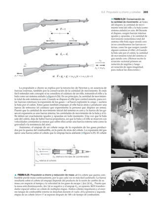 (vex relativa al cohete)
0
(vr relativa a los ejes de coordenadas)
vr
a)
b)
c)
vex
vex
vex
U
S
A
6.6 Propulsión a chorro y cohetes 205
La propulsión a chorro se explica por la tercera ley de Newton y, en ausencia de
fuerzas externas, también por la conservación de la cantidad de movimiento. Es más
fácil entender este concepto si se considera el culatazo de un rifle, tomando el rifle y la
bala como un sistema aislado (▲figura 6.24). En un principio, la cantidad de movimien-
to total de este sistema es cero. Cuando se dispara el rifle (por control remoto, para evi-
tar fuerzas externas), la expansión de los gases —al hacer explosión la carga— acelera
la bala por el cañón. Estos gases también empujan al rifle hacia atrás y producen una
fuerza de retroceso (el culatazo que experimenta la persona que dispara un arma).
Puesto que la cantidad de movimiento inicial del sistema es cero y la fuerza de los ga-
ses en expansión es una fuerza interna, las cantidades de movimiento de la bala y el ri-
fle deben ser exactamente iguales y opuestas en todo momento. Una vez que la bala
sale del cañón, deja de haber fuerza propulsora, así que la bala y el rifle se mueven con
velocidades constantes (a menos que sobre ellos actúe una fuerza externa neta como la
gravedad o la resistencia del aire).
Asimismo, el empuje de un cohete surge de la expulsión de los gases produci-
dos por la quema del combustible, en la parte de atrás del cohete. La expansión del gas
ejerce una fuerza sobre el cohete que lo empuja hacia adelante (▼figura 6.25). El cohete
+–
(c) P = pb + pr = (mbvb)x + (–mrvr)x = 0
Fr Fb
(b) Fb = –Fr
(a) P = 0
pr = mrvr
pb = mbvb
vb
vr
nn
> FIGURA 6.24 Conservación de
la cantidad de movimiento a) Antes
del disparo, la cantidad de movi-
miento total del rifle y la bala (como
sistema aislado) es cero. b) Durante
el disparo, surgen fuerzas internas
iguales y opuestas, y la cantidad de
movimiento instantánea total del
sistema rifle-bala sigue siendo cero
(si no consideramos las fuerzas ex-
ternas, como las que surgen cuando
alguien sostiene el rifle). c) Cuando
la bala sale por el cañón, la cantidad
de movimiento total del sistema si-
gue siendo cero. (Hemos escrito la
ecuación vectorial primero en
notación de negritas y luego
en notación de signo-magnitud,
para indicar las direcciones.)
▲ FIGURA 6.25 Propulsión a chorro y reducción de masa a) Un cohete que quema com-
bustible pierde masa continuamente, por lo que cada vez es más fácil acelerarlo. La fuerza
resultante sobre el cohete (el empuje) depende del producto de la razón de cambio de su
masa con respecto al tiempo y la velocidad de los gases de escape: Puesto que
la masa está disminuyendo, ⌬m/⌬t es negativa y el empuje es opuesto. b) El transbor-
dador espacial utiliza un cohete de múltiples etapas. Ambos cohetes impulsores y el enor-
me tanque de combustible externo se desechan durante el vuelo. c) La primera y segunda
etapas de un cohete Saturn V se separan después de 148 s de tiempo de combustión.
v
S
ex
1¢m>¢t2v
S
ex .
 