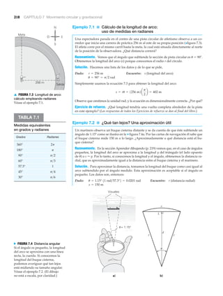 Salida
Meta
256 m
N
S
EO
▲ FIGURA 7.3 Longitud de arco:
cálculo empleando radianes
Véase el ejemplo 7.1.
218 CAPÍTULO 7 Movimiento circular y gravitacional
Medidas equivalentes
en grados y radianes
Grados Radianes
360°
180°
90°
60°
57.3° 1
45°
30° p>6
p>4
p>3
p>2
p
2p
TABLA 7.1
Ejemplo 7.1 ■ Cálculo de la longitud de arco:
uso de medidas en radianes
Una espectadora parada en el centro de una pista circular de atletismo observa a un co-
rredor que inicia una carrera de práctica 256 m al este de su propia posición (>figura 7.3).
El atleta corre por el mismo carril hasta la meta, la cual está situada directamente al norte
de la posición de la observadora. ¿Qué distancia correrá?
Razonamiento. Vemos que el ángulo que subtiende la sección de pista circular es ␪ ϭ 90Њ.
Obtenemos la longitud del arco (s) porque conocemos el radio r del círculo.
Solución. Hacemos una lista de los datos y de lo que se pide,
Dado: Encuentre: s (longitud del arco)
Simplemente usamos la ecuación 7.3 para obtener la longitud del arco:
Observe que omitimos la unidad rad, y la ecuación es dimensionalmente correcta. ¿Por qué?
Ejercicio de refuerzo. ¿Qué longitud tendría una vuelta completa alrededor de la pista
en este ejemplo? (Las respuestas de todos los Ejercicios de refuerzo se dan al final del libro.)
Ejemplo 7.2 ■ ¿Qué tan lejos? Una aproximación útil
Un marinero observa un buque cisterna distante y se da cuenta de que éste subtiende un
ángulo de 1.15Њ como se ilustra en la ▼ figura 7.4a. Por las cartas de navegación él sabe que
el buque cisterna mide 150 m a lo largo. ¿Aproximadamente a qué distancia está el bu-
que cisterna?
Razonamiento. En la sección Aprender dibujando (p. 219) vemos que, en el caso de ángulos
pequeños, la longitud del arco se aproxima a la longitud y del triángulo (el lado opuesto
de ␪) o s Ϸ y. Por lo tanto, si conocemos la longitud y el ángulo, obtenemos la distancia ra-
dial, que es aproximadamente igual a la distancia entre el buque cisterna y el marinero.
Solución. Para aproximar la distancia, tomamos la longitud del buque como casi igual al
arco subtendido por el ángulo medido. Esta aproximación es aceptable si el ángulo es
pequeño. Los datos son, entonces:
Dado: Encuentre: r (distancia radial)
s = 150 m
u = 1.15° 11 rad>57.3°2 = 0.0201 rad
s = ru = 1256 m2a
p
2
b = 402 m
u = 90° = p>2 rad
r = 256 m
r r
b)
d
s
L
Visuales
= 1.15°
a)
N FIGURA 7.4 Distancia angular
Si el ángulo es pequeño, la longitud
del arco se aproxima con una línea
recta, la cuerda. Si conocemos la
longitud del buque cisterna,
podemos averiguar qué tan lejos
está midiendo su tamaño angular.
Véase el ejemplo 7.2. (El dibujo
no está a escala, por claridad.)
 