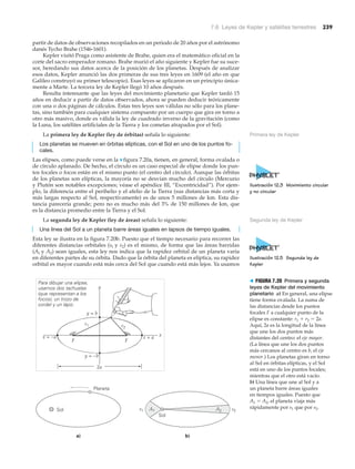 7.6 Leyes de Kepler y satélites terrestres 239
partir de datos de observaciones recopilados en un periodo de 20 años por el astrónomo
danés Tycho Brahe (1546-1601).
Kepler visitó Praga como asistente de Brahe, quien era el matemático oficial en la
corte del sacro emperador romano. Brahe murió el año siguiente y Kepler fue su suce-
sor, heredando sus datos acerca de la posición de los planetas. Después de analizar
esos datos, Kepler anunció las dos primeras de sus tres leyes en 1609 (el año en que
Galileo construyó su primer telescopio). Esas leyes se aplicaron en un principio única-
mente a Marte. La tercera ley de Kepler llegó 10 años después.
Resulta interesante que las leyes del movimiento planetario que Kepler tardó 15
años en deducir a partir de datos observados, ahora se pueden deducir teóricamente
con una o dos páginas de cálculos. Estas tres leyes son válidas no sólo para los plane-
tas, sino también para cualquier sistema compuesto por un cuerpo que gira en torno a
otro más masivo, donde es válida la ley de cuadrado inverso de la gravitación (como
la Luna, los satélites artificiales de la Tierra y los cometas atrapados por el Sol).
La primera ley de Kepler (ley de órbitas) señala lo siguiente:
Los planetas se mueven en órbitas elípticas, con el Sol en uno de los puntos fo-
cales.
Las elipses, como puede verse en la ▼ figura 7.20a, tienen, en general, forma ovalada o
de círculo aplanado. De hecho, el círculo es un caso especial de elipse donde los pun-
tos focales o focos están en el mismo punto (el centro del círculo). Aunque las órbitas
de los planetas son elípticas, la mayoría no se desvían mucho del círculo (Mercurio
y Plutón son notables excepciones; véase el apéndice III, “Excentricidad”). Por ejem-
plo, la diferencia entre el perihelio y el afelio de la Tierra (sus distancias más corta y
más largas respecto al Sol, respectivamente) es de unos 5 millones de km. Esta dis-
tancia parecería grande; pero no es mucho más del 3% de 150 millones de km, que
es la distancia promedio entre la Tierra y el Sol.
La segunda ley de Kepler (ley de áreas) señala lo siguiente:
Una línea del Sol a un planeta barre áreas iguales en lapsos de tiempo iguales.
Esta ley se ilustra en la figura 7.20b. Puesto que el tiempo necesario para recorrer las
diferentes distancias orbitales (sl y s2) es el mismo, de forma que las áreas barridas
(Al y A2) sean iguales, esta ley nos indica que la rapidez orbital de un planeta varía
en diferentes partes de su órbita. Dado que la órbita del planeta es elíptica, su rapidez
orbital es mayor cuando está más cerca del Sol que cuando está más lejos. Ya usamos
Primera ley de Kepler
A1
a) b)
Sol
Planeta
Sol
A2s1 s2
x = ax = –a
y = b
y = –b
y
r1
Para dibujar una elipse,
usamos dos tachuelas
(que representan a los
focos), un trozo de
cordel y un lápiz.
FF
r2
2a
x
> FIGURA 7.20 Primera y segunda
leyes de Kepler del movimiento
planetario a) En general, una elipse
tiene forma ovalada. La suma de
las distancias desde los puntos
focales F a cualquier punto de la
elipse es constante: r1 ϩ r2 ϭ 2a.
Aquí, 2a es la longitud de la línea
que une los dos puntos más
distantes del centro: el eje mayor.
(La línea que une los dos puntos
más cercanos al centro es b, el eje
menor.) Los planetas giran en torno
al Sol en órbitas elípticas, y el Sol
está en uno de los puntos focales;
mientras que el otro está vacío.
b) Una línea que une al Sol y a
un planeta barre áreas iguales
en tiempos iguales. Puesto que
A1 ϭ A2, el planeta viaja más
rápidamente por s1 que por s2.
Segunda ley de Kepler
Ilustración 12.3 Movimiento circular
y no circular
Ilustración 12.5 Segunda ley de
Kepler
 