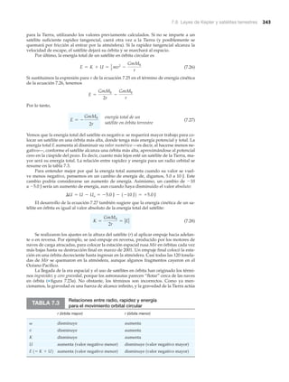 7.6 Leyes de Kepler y satélites terrestres 243
para la Tierra, utilizando los valores previamente calculados. Si no se imparte a un
satélite suficiente rapidez tangencial, caerá otra vez a la Tierra (y posiblemente se
quemará por fricción al entrar por la atmósfera). Si la rapidez tangencial alcanza la
velocidad de escape, el satélite dejará su órbita y se marchará al espacio.
Por último, la energía total de un satélite en órbita circular es
(7.26)
Si sustituimos la expresión para v de la ecuación 7.25 en el término de energía cinética
de la ecuación 7.26, tenemos
Por lo tanto,
(7.27)
Vemos que la energía total del satélite es negativa: se requerirá mayor trabajo para co-
locar un satélite en una órbita más alta, donde tenga más energía potencial y total. La
energía total E aumenta al disminuir su valor numérico —es decir, al hacerse menos ne-
gativo—, conforme el satélite alcanza una órbita más alta, aproximándose al potencial
cero en la cúspide del pozo. Es decir, cuanto más lejos esté un satélite de la Tierra, ma-
yor será su energía total. La relación entre rapidez y energía para un radio orbital se
resume en la tabla 7.3.
Para entender mejor por qué la energía total aumenta cuando su valor se vuel-
ve menos negativo, pensemos en un cambio de energía de, digamos, 5.0 a 10 J. Este
cambio podría considerarse un aumento de energía. Asimismo, un cambio de Ϫ10
a Ϫ5.0 J sería un aumento de energía, aun cuando haya disminuido el valor absoluto:
El desarrollo de la ecuación 7.27 también sugiere que la energía cinética de un sa-
télite en órbita es igual al valor absoluto de la energía total del satélite:
(7.28)
Se realizaron los ajustes en la altura del satélite (r) al aplicar empuje hacia adelan-
te o en reversa. Por ejemplo, se usó empuje en reversa, producido por los motores de
naves de carga atracadas, para colocar la estación espacial rusa Mir en órbitas cada vez
más bajas hasta su destrucción final en marzo de 2001. Un empuje final colocó la esta-
ción en una órbita decreciente hasta ingresar en la atmósfera. Casi todas las 120 tonela-
das de Mir se quemaron en la atmósfera, aunque algunos fragmentos cayeron en el
Océano Pacífico.
La llegada de la era espacial y el uso de satélites en órbita han originado los térmi-
nos ingravidez y cero gravedad, porque los astronautas parecen “flotar” cerca de las naves
en órbita (▼ figura 7.23a). No obstante, los términos son incorrectos. Como ya men-
cionamos, la gravedad es una fuerza de alcance infinito, y la gravedad de la Tierra actúa
K =
GmME
2r
= ƒEƒ
¢U = U - Uo = -5.0 J - 1-10 J2 = +5.0 J
energía total de un
satélite en órbita terrestre
E = -
GmME
2r
E =
GmME
2r
-
GmME
r
E = K + U = 1
2
mv2
-
GmME
r
Relaciones entre radio, rapidez y energía
para el movimiento orbital circular
r (órbita mayor) r (órbita menor)
disminuye aumenta
disminuye aumenta
K disminuye aumenta
U aumenta (valor negativo menor) disminuye (valor negativo mayor)
aumenta (valor negativo menor) disminuye (valor negativo mayor)E 1= K + U2
v
v
TABLA 7.3
 