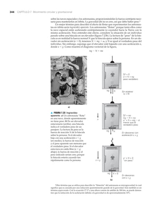 244 CAPÍTULO 7 Movimiento circular y gravitacional
sobre las naves espaciales y los astronautas, proporcionándoles la fuerza centrípeta nece-
saria para mantenerlos en órbita. La gravedad ahí no es cero, así que debe haber peso.*
Un mejor término para describir el efecto de flotar que experimentan los astronau-
tas en órbita sería ingravidez aparente. Los astronautas “flotan” porque tanto ellos como
la nave espacial están acelerando centrípetamente (o cayendo) hacia la Tierra con la
misma aceleración. Para entender este efecto, considere la situación de un individuo
parado sobre una báscula en un elevador (figura 7.23b). La lectura de “peso” de la bás-
cula es en realidad la fuerza normal N que la báscula ejerce sobre la persona. En un ele-
vador sin aceleración (a ϭ 0), tenemos N ϭ mg ϭ ␻, y N es igual al verdadero peso del
individuo. Sin embargo, suponga que el elevador está bajando con una aceleración a,
donde a Ͻ g. Como muestra el diagrama vectorial de la figura,
mg Ϫ N ϭ ma
*Otro término que se utiliza para describir la “flotación” del astronauta es microgravedad, lo cual
significa que es causada por una reducción aparentemente grande de la gravedad. Esto también es un
término equivocado. Con la ecuación 17.17 a una altura común de satélite de 300 km, se puede demos-
trar que la reducción de la aceleración debida a la gravedad es de aproximadamente 10%.
Sin acelerar
͚F = 0
w = N = mg
peso verdadero
En descenso con
aceleración a < g
͚F = ma
mg Ϫ N = ma
w' = N = m(g Ϫ a)
menor que el
verdadero peso
En descenso
con a = g
w' = N = 0
”sin peso“a = g
mg
a
N = 0
báscula
báscula
báscula
b)
a)
21 3 4 5 6 7 8 9
21 3 4 5 6 7 8 9
21 3 4 5 6 7 8 9
(a = 0)
N
Nmg
mg
▲ FIGURA 7.23 Ingravidez
aparente a) Un astronauta “flota”
en una nave, donde aparentemente
no tiene peso. b) En un elevador
estacionario (arriba), una báscula
indica el verdadero peso de un
pasajero. La lectura de peso es la
fuerza de reacción N de la báscula
sobre la persona. Si el elevador
baja con una aceleración a Ͻ g
(en medio), la fuerza de reacción
y el peso aparente son menores que
el verdadero peso. Si el elevador
estuviera en caída libre (a ϭ g;
abajo), la fuerza de reacción y el
peso indicado serían cero, porque
la báscula estaría cayendo tan
rápidamente como la persona.
 