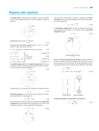 Repaso del capítulo 247
Repaso del capítulo
• El radián (rad) es una medida de ángulo; 1 rad es el ángulo
de un círculo subtendido por un arco de longitud (s) igual al
radio (r):
Longitud de arco (ángulo en radianes):
s ϭ r␪ (7.3)
Ecuaciones de cinemática angular para ␪o ϭ 0 y to ϭ 0; (véase
la tabla 7.2 para equivalentes lineales):
(general, no limitada a aceleración constante) (7.5)
(2, Tabla 7.2)
(7.12)
(4, Tabla 7.2)
(5, Tabla 7.2)
• La rapidez tangencial (v) y la rapidez angular (␻) de un mo-
vimiento circular son directamente proporcionales; el radio r
es la constante de proporcionalidad:
v ϭ r␻ (7.6)
• La frecuencia ( f ) y el periodo (T) tienen una relación inversa:
(7.7)
• Velocidad angular (con movimiento circular uniforme) en térmi-
nos de periodo (T) y frecuencia ( f ):
(7.8)
• En movimiento circular uniforme se requiere una aceleración
centrípeta (ac) que siempre está dirigida hacia el centro de la
trayectoria circular y cuya magnitud está dada por:
(7.10)
v
v
v
ac
ac
ac
ac =
v2
r
= rv2
v =
2p
T
= 2pf
f =
1
T
v = rv (v en rad/s)
= wt
r
v
s
v
u
v = v2
o + 2a (u - uo)
u = uo + vot + 1
2 at2
v = vo + at
v =
v + vo
2
u = vt
y
x
r
s = r
(u en radianes)
s = r
=
1rad
u
u
• Para que haya movimiento circular se requiere una fuerza
centrípeta, Fc, la fuerza neta dirigida hacia el centro del círcu-
lo, cuya magnitud es
(7.11)
• La aceleración angular (␣) es la tasa de cambio de la veloci-
dad angular con el tiempo y se relaciona con la aceleración
tangencial (at) por
at ϭ r␣ (7.13)
• Según la ley de la gravitación de Newton, cualquier partícu-
la atrae a todas las demás partículas del universo con una
fuerza proporcional a las masas de las dos partículas e inver-
samente proporcional al cuadrado de la distancia entre ellas:
(7.14)
• Aceleración debida a la gravedad a una altura h:
(7.17)ag =
GME
1RE + h22
b) Esferas homogéneasa) Masas puntuales
r
r
m1
F12
m2
F21
m1
F12
m2
F21
1G = 6.67 * 10-11
N # m2
>kg2
2
Fg =
Gm1m2
r2
Movimiento circular no uniforme
( a = at + ac)
a
at
ac
a
Fc = mac =
mv2
r
sólo
aceleración
constante
∂
 