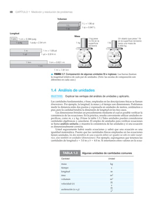 10 CAPÍTULO 1 Medición y resolución de problemas
0
2.0
2.5
3.0
3.5
1.0
1.5
0.5
Libras
0
0.250
0.500
0.750
1.000
1.250
1.500
1.750
Kilogramos
1 cm = 0.394 pulg
1 pulg = 2.54 cm
1 m = 1.09 yd
1 yd = 0.914 m
1 km = 0.621 mi
1 mi = 1.61 km
1 kg pesa
2.2 lb en la
superficie
terrestre
1 qt = 0.947 L
1 L = 1.06 qt
Masa
Volumen
Longitud
1 cm
1 pulg
1 m
1 yd
1 km
1 mi
1 qt
1 kg 1 lb
Un objeto que pesa 1 lb
en la superficie terrestre
tiene una masa de
0.454 kg
1 L
Algunas unidades de cantidades comunes
Cantidad Unidad
masa kg
tiempo s
longitud m
área m2
volumen m3
velocidad (v)
aceleración (a o g)
m
s2
m
s
TABLA 1.3
▲ FIGURA 1.7 Comparación de algunas unidades SI e inglesas Las barras ilustran
la magnitud relativa de cada par de unidades. (Nota: las escalas de comparación son
diferentes en cada caso.)
1.4 Análisis de unidades
OBJETIVOS: Explicar las ventajas del análisis de unidades y aplicarlo.
Las cantidades fundamentales, o base, empleadas en las descripciones físicas se llaman
dimensiones. Por ejemplo, la longitud, la masa y el tiempo son dimensiones. Podríamos
medir la distancia entre dos puntos y expresarla en unidades de metros, centímetros o
pies; pero la cantidad tendría la dimensión de longitud en los tres casos.
Las dimensiones brindan un procedimiento mediante el cual es posible verificar la
consistencia de las ecuaciones. En la práctica, resulta conveniente utilizar unidades es-
pecíficas, como m, s y kg. (Véase la tabla 1.3.) Tales unidades pueden considerarse
cantidades algebraicas y cancelarse. El empleo de unidades para verificar ecuaciones
se llama análisis unitario, y muestra la consistencia de las unidades y si una ecuación
es dimensionalmente correcta.
Usted seguramente habrá usado ecuaciones y sabrá que una ecuación es una
igualdad matemática. Puesto que las cantidades físicas empleadas en las ecuaciones
tienen unidades, los dos miembros de una ecuación deben ser iguales no sólo en valor numé-
rico, sino también en unidades (dimensiones). Por ejemplo, supongamos que tenemos las
cantidades de longitud a ϭ 3.0 m y b ϭ 4.0 m. Si insertamos estos valores en la ecua-
 