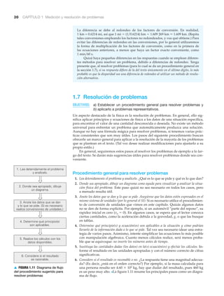 1. Lea detenidamente el problema
y analícelo.
2. Donde sea apropiado, dibuje
un diagrama.
3. Anote los datos que se dan
y lo que se pide. (Si es necesario
realice conversiones de unidades.)
4. Determine qué principio(s)
son aplicables.
5. Realice los cálculos con los
datos disponibles.
6. Considere si el resultado
es razonable.
20 CAPÍTULO 1 Medición y resolución de problemas
La diferencia se debe al redondeo de los factores de conversión. En realidad,
1 km = 0.6214 mi, así que 1 mi ϭ (1͞0.6214) km ϭ 1.609 269 km ഠ 1.609 km. (Repita
tales conversiones empleando los factores no redondeados, y vea qué obtiene.) Para
evitar las diferencias de redondeo en las conversiones, por lo general utilizaremos
la forma de multiplicación de los factores de conversión, como en la primera de
las ecuaciones anteriores, a menos que haya un factor exacto conveniente, como
1 min͞60 s.
Quizá haya pequeñas diferencias en las respuestas cuando se emplean diferen-
tes métodos para resolver un problema, debido a diferencias de redondeo. Tenga
presente que, al resolver problemas (para lo cual se da un procedimiento general en
la sección 1.7), si su respuesta difiere de la del texto únicamente en el último dígito, lo más
probable es que la disparidad sea una diferencia de redondeo al utilizar un método de resolu-
ción alternativo.
1.7 Resolución de problemas
OBJETIVOS: a) Establecer un procedimiento general para resolver problemas y
b) aplicarlo a problemas representativos.
Un aspecto destacado de la física es la resolución de problemas. En general, ello sig-
nifica aplicar principios y ecuaciones de física a los datos de una situación específica,
para encontrar el valor de una cantidad desconocida o deseada. No existe un método
universal para enfrentar un problema que automáticamente produzca una solución.
Aunque no hay una fórmula mágica para resolver problemas, si tenemos varias prác-
ticas consistentes que son muy útiles. Los pasos del siguiente procedimiento buscan
ofrecerle un marco general para aplicar a la resolución de la mayoría de los problemas
que se plantean en el texto. (Tal vez desee realizar modificaciones para ajustarlo a su
propio estilo.)
En general, seguiremos estos pasos al resolver los problemas de ejemplo a lo lar-
go del texto. Se darán más sugerencias útiles para resolver problemas donde sea con-
veniente.
Procedimiento general para resolver problemas
1. Lea detenidamente el problema y analícelo. ¿Qué es lo que se pide y qué es lo que dan?
2. Donde sea apropiado, dibuje un diagrama como ayuda para visualizar y analizar la situa-
ción física del problema. Este paso quizá no sea necesario en todos los casos, pero
a menudo resulta útil.
3. Anote los datos que se dan y lo que se pide. Asegúrese que los datos estén expresados en el
mismo sistema de unidades (por lo general el SI). Si es necesario utilice el procedimien-
to de conversión de unidades que vimos en este capítulo. Quizás algunos datos
no se den de forma explícita. Por ejemplo, si un automóvil “parte del reposo”, su
rapidez inicial es cero (vo ϭ 0). En algunos casos, se espera que el lector conozca
ciertas cantidades, como la aceleración debida a la gravedad, g, o que las busque
en tablas.
4. Determine qué principio(s) y ecuación(es) son aplicables a la situación y cómo podrían
llevarlo de la información dada a lo que se pide. Tal vez sea necesario idear una estra-
tegia de varios pasos. Asimismo, intente simplificar las ecuaciones lo más posible
con manipulación algebraica. Cuanto menos cálculos realice, será menos proba-
ble que se equivoque: no inserte los números antes de tiempo.
5. Sustituya las cantidades dadas (los datos) en la(s) ecuación(es) y efectúe los cálculos. In-
forme el resultado en las unidades apropiadas y con el número correcto de cifras
significativas.
6. Considere si el resultado es razonable o no. ¿La respuesta tiene una magnitud adecua-
da? (Es decir, ¿está en el orden correcto?) Por ejemplo, si la masa calculada para
una persona resulta ser 4.60 ϫ 102 kg, hay que dudar del resultado, pues 460 kg
es un peso muy alto. >La figura 1.11 resume los principales pasos como un diagra-
ma de flujo.
▲ FIGURA 1.11 Diagrama de flujo
del procedimiento sugerido para
resolver problemas
 