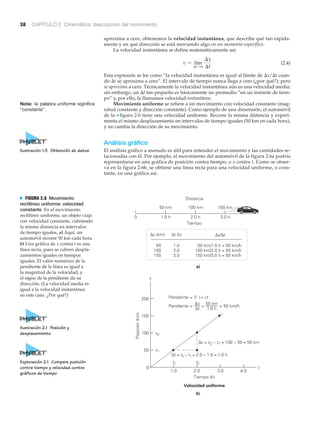 38 CAPÍTULO 2 Cinemática: descripción del movimiento
200
150
100
50
1.0 2.0 3.0 4.0
Tiempo (h)
Velocidad uniforme
Posición(km)
x
t
Δt = t2 − t1 = 2.0 − 1.0 = 1.0 h
ΔxΔΔ = x2 − x1 = 100 − 50 = 50 km
Δx
Δt
=
50 km
1.0 h
= 50 km/hPendiente =
=Pendiente
0 1.0 h 2.0 h 3.0 h
50 km 100 km 150 km
Tiempo
Distancia
50 km/1.0 h = 50 km/h
100 km/2.0 h = 50 km/h
150 km/3.0 h = 50 km/h
50
100
150
1.0
2.0
3.0
ΔxΔΔ (km) Δt (h) ΔxΔΔ /xx Δ// t
v (= v)
0
t1
x1
x2
t2
a)
b)
N FIGURA 2.6 Movimiento
rectilíneo uniforme: velocidad
constante En el movimiento
rectilíneo uniforme, un objeto viaja
con velocidad constante, cubriendo
la misma distancia en intervalos
de tiempo iguales, a) Aquí, un
automóvil recorre 50 km cada hora.
b) Una gráfica de x contra t es una
línea recta, pues se cubren despla-
zamientos iguales en tiempos
iguales. El valor numérico de la
pendiente de la línea es igual a
la magnitud de la velocidad, y
el signo de la pendiente da su
dirección. (La velocidad media es
igual a la velocidad instantánea
en este caso. ¿Por qué?)
aproxima a cero, obtenemos la velocidad instantánea, que describe qué tan rápida-
mente y en qué dirección se está moviendo algo en un momento específico.
La velocidad instantánea se define matemáticamente así:
(2.4)
Esta expresión se lee como “la velocidad instantánea es igual al límite de ⌬x͞⌬t cuan-
do ⌬t se aproxima a cero”. El intervalo de tiempo nunca llega a cero (¿por qué?); pero
se aproxima a cero. Técnicamente la velocidad instantánea aún es una velocidad media;
sin embargo, un ⌬t tan pequeño es básicamente un promedio “en un instante de tiem-
po” y, por ello, la llamamos velocidad instantánea.
Movimiento uniforme se refiere a un movimiento con velocidad constante (mag-
nitud constante y dirección constante). Como ejemplo de una dimensión, el automóvil
de la ▼ figura 2.6 tiene una velocidad uniforme. Recorre la misma distancia y experi-
menta el mismo desplazamiento en intervalos de tiempo iguales (50 km en cada hora),
y no cambia la dirección de su movimiento.
Análisis gráfico
El análisis gráfico a menudo es útil para entender el movimiento y las cantidades re-
lacionadas con él. Por ejemplo, el movimiento del automóvil de la figura 2.6a podría
representarse en una gráfica de posición contra tiempo, o x contra t. Como se obser-
va en la figura 2.6b, se obtiene una línea recta para una velocidad uniforme, o cons-
tante, en una gráfica así.
v = lím
¢t:0
¢x
¢t
Nota: la palabra uniforme significa
“constante”.
Ilustración 1.3 Obtención de datos
Ilustración 2.1 Posición y
desplazamiento
Exploración 2.1 Compare posición
contra tiempo y velocidad contra
gráficos de tiempo
 