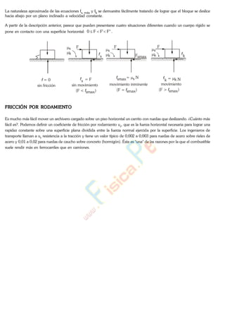 La naturaleza aproximada de las ecuaciones fs, máx y fk se demuestra fácilmente tratando de lograr que el bloque se deslice
hacia abajo por un plano inclinado a velocidad constante.
A partir de la descripción anterior, parece que pueden presentarse cuatro situaciones diferentes cuando un cuerpo rígido se
pone en contacto con una superficie horizontal: "F'FF0 .
s
k
F
s
k
F
Fsmax
f
s
s
k
F
fk
f = 0 fs
sin fricción sin movimiento
= F
(F < smax)f
movimiento inminente
(F = smax)f
f
k
movimiento
= k N
(F > smax)f
fsmax= s N
FRICCIÓN POR RODAMIENTO
Es mucho más fácil mover un archivero cargado sobre un piso horizontal un carrito con ruedas que deslizando. ¿Cuánto más
fácil es?. Podemos definir un coeficiente de fricción por rodamiento ur, que es la fuerza horizontal necesaria para lograr una
rapidez constante sobre una superficie plana dividida entre la fuerza normal ejercida por la superficie. Los ingenieros de
transporte llaman a ur resistencia a la tracción y tiene un valor típico de 0,002 a 0,003 para ruedas de acero sobre rieles de
acero y 0,01 a 0,02 para ruedas de caucho sobre concreto (hormigón). Ésta es "una" de las razones por la que el combustible
suele rendir más en ferrocarriles que en camiones.
www.
.
Fisica
eP
 