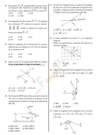 29. Dos vectores A y B , de igual módulo, forman entre sí
un ángulo de 128°. Determinar la medida del ángulo
que forman el vector diferencia (A -B ) y el vector B .
a) 26° b) 52° c) 104°
d) 154° e) 120°
30. Las magnitudes de dos vectores X ; Z y la magnitud
de su diferencia D , verifican la siguiente relación:
13
|D|
21
|Z|
20
|X|
. Hallar la medida del ángulo que
forman los vectores X y Z .
a) 37° b) 53° c) 16°
d) 74° e) 18°
31. Hallar la magnitud de la diferencia de 2 vectores
sabiendo que sus módulos son 13 y 19; y la magnitud
de su resultante es 24.
a) 19 b) 20 c) 22
d) 23 e) 24
32. Dado el vector A de magnitud 20. Hallar los módulos
desuscomponentesalo largo delasrectasL1
y L2
.
L1
L2A
53°
37°
a) 7 y 15 b) 15 y 25 c) 12 y 16
d) 7 y 24 e) 9 y 12
33. Una fuerza de 300 N actúa sobre una caja en el punto
"O" como se indica. Determine la magnitud de las
componentes de la fuerza a lo largo de las direcciones
OA y OC.
53°A
C
O
3cm
4cm
300 N
a) 300 y 0 N b) 500 y 400 N
c) 400 y 700 N d) 500 y 600 N
e) 200 y 400 N
34. El vector de magnitud 5 que se muestra es la resultante
de otros dos; uno de los cuales está en dirección de la
recta AB y se sabe que el otro es horizontal de magnitud
6. Hallar el valor de la componente sobre AB.
A
B
30° horizontal
5
a) 2/35 b) 323 c) )43(3
d) 334 e) 8
35. Si cada cuadradito es de lado "1", en el siguiente
diagrama.
Hallar la magnitud de la resultante del sistema de
vectores mostrado.
a) 5 b) 23 c) 6
d) 7 e) 2
36. Hallar la magnitud del vector resultante de los vectores
a , b , c y d ; si: | a |=300, | b |=100, | c |=340
y | d |=20 2 .
53°
45°
a
b
c
d
37°
a) 380 b) 500 c) 450
d) 2280 e) 452,25
37. Hallar la magnitud de la resultante de los vectores
mostrados. Si: | a |=10, | b |=20, | c |=30 y
| d |=40.
a
b
c
d
53°
37°
53°
www.
.
Fisica
eP
 