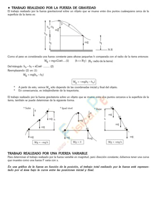 TRABAJO REALIZADO POR LA FUERZA DE GRAVEDAD
El trabajo realizado por la fuerza gravitacional sobre un objeto que se mueve entre dos puntos cualesquiera cerca de la
superficie de la tierra es:
ho
hf hf
ho hf
mg
mg
N.R
s
Como el peso es considerada una fuerza constante para alturas pequeñas h comparada con el radio de la tierra entonces:
)Rh()1.....(CossmgW Tg (RT: radio de la tierra)
Del triángulo sCoshh fo ......... (2)
Reemplazando (2) en (1)
)hh(mgW fog
)hh(mgW ofg
* A partir de esto, vemos Wg sólo depende de las coordenadas inicial y final del objeto.
* En consecuencia, es independiente de la trayectoria.
El trabajo realizado por la fuerza gravitatoria sobre un objeto que se mueve entre dos puntos cercanos a la superficie de la
tierra, también se puede determinar de la siguiente forma.
* Subir * Igual nivel
g
g
hmg
mg
mg mg mg
mg
Wg = mg h Wg =
* Bajar
mg
mg
mg
Wg = mg h
h
TRABAJO REALIZADO POR UNA FUERZA VARIABLE
Para determinar el trabajo realizado por la fuerza variable en magnitud, pero dirección constante; debemos tener una curva
que muestra como una fuerza F varia con x.
www.
.
Fisica
eP
 