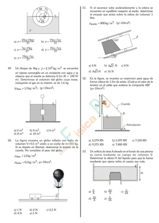 3R
2R
R
1
2
a) 27
)21917(2
b) 27
27119
c) 27
21917
d) 27
27119
e) 27
17219
49. Un bloque de 4kg y 33 m/kg10.2 se encuentra
en reposo sumergido en un recipiente con agua y se
observa que el resorte se deforma 0,1m (K = 100 N/
m). Determinar el volumen del globo cuya masa,
incluyendo el gas en su interior, es de 1,6 kg.
)m/kg3,1( 3
Aire . (g=10m/s2).
a) 2 m3 b) 4 m3 c) 6 m3
d) 8 m3 e) 10 m3
50. La figura muestra un globo inflado con helio de
volumen V=0,5 m3 unido a un coche de m=0,5 kg.
Si es dejado en libertad, determinar la tensión de la
cuerda. No considere el peso del globo.
3
Aire m/kg2,1
3
helio m/kg1,0 ; g=10m/s2.
a) 1 N b) 2 N c) 2,5 N
d) 4 N e) 5 N
51. Si el ascensor sube aceleradamente y la esfera se
encuentra en equilibrio respecto al aceite, determinar
el empuje que actúa sobre la esfera de volumen 1
litro.
3
aceite m/kg800 . (g=10m/s2)
30°
a
60°
a) 4 N b) 34 N c) 8 N
d) 38 N e) 16 N
52. En la figura, se muestra un reservorio para agua de
forma cúbica de 1,5m de arista. ¿Cuál es el valor de la
tensión en el cable que sostiene la compuerta AB?
(g=10m/s2)
A
B
2m Cuerda
Articulación
a) 3,579 KN b) 5,397 KN c) 7,593 KN
d) 9,375 KN e) 7,800 KN
53. Un orificio de área A situado en el fondo de una piscina
se cierra mediante un cuerpo de volumen V.
Determinar la altura H del líquido para que la fuerza
resultante que ejerce sobre el cuerpo sea nula.
H
a) A
V
b) A
V2
c) A2
V
d) A
V3
e) A3
V
www.
.
Fisica
eP
 