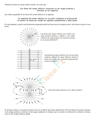 También las líneas de campo deben trazarse, de modo que
Las líneas del campo eléctrico comiencen en las cargas positivas y
terminen en las negativas
Una última propiedad de las líneas del campo eléctrico es la siguiente:
La magnitud del campo eléctrico en un punto cualquiera es proporcional
al número de líneas por unidad de superficie perpendicular a estas líneas.
En otras palabras, cuando más densamente empacadas estén las líneas cerca de cualquier punto, más fuerte el campo en ese
punto.
+
E
P
Las líneas del campo eléctrico que rodean una
carga puntual positiva y aislada o una esfera
uniforme de carga positiva. Se muestra el campo
en un punto arbitrario P.
P E
+
+
+
+
+
+
+
+
+
+
+
+
+
+
+
+
+
+
+
+
+
+
P
1
P2
E
E
En la figura anterior, se muestra el campo cerca de un dipolo (que indica gráficamente cómo las líneas de campo empiezan
en las cargas positivas y terminan en las cargas negativas): en la figura que se muestra a continuación se observa el campo
cerca de dos cargas positivas iguales.
www.
.
Fisica
eP
 