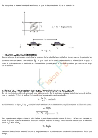 En esta gráfica, el área del rectángulo sombreado es igual al desplazamiento x en el intervalo t .
V
t
A
Vi
Vi
t
A = x = desplazamiento
x
1 x
2
xO
t
x = x - x
2 1
GRÁFICA ACELERACIÓN-TIEMPO
Como sabemos, la aceleración nos indica la variación de la velocidad por unidad de tiempo; pero si la velocidad es
constante como en el MRU. Esta variación t
v
es igual a cero. Por lo tanto, si representamos la aceleración en el eje (y) y
como es ya acostumbrado el tiempo en (x). Encontraremos que esta gráfica es una recta horizontal que coincide con el eje
de las abscisas.
a=0
t
a
GRÁFICA DEL MOVIMIENTO RECTILÍNEO UNIFORMEMENTE ACELERADO
En este movimiento rectilíneo la velocidad varia uniformemente. Por lo tanto para cualquier instante de tiempo la acelera-
ción es constante. Es decir la aceleración instantánea y la aceleración media son iguales.
tenatconsa
itFt
iVFV
Por conveniencia se elige to = 0 y tF cualquier tiempo arbitrario t. Con esta notación, se puede expresar la aceleración como:
t
iVFV
a
VF = Vi + at ................ (1)
Esta expresión será útil para obtener la velocidad de la partícula en cualquier instante de tiempo, t. Como esta variación es
lineal, es posible expresar la velocidad media en cualquier intervalo de tiempo como la media aritmética de la velocidad
inicial Vo, y de la final VF.
2
FViV
V
Utilizando esta ecuación, podemos calcular el desplazamiento de la partícula como una función de la velocidad media y el
tiempo.
www.
.
Fisica
eP
 