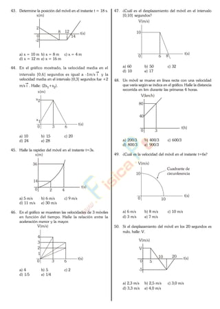 43. Determine la posición del móvil en el instante t = 18 s.
x(m)
t(s)
0
12
-2
2
8
14
a) x = 10 m b) x = 8 m c) x = 4 m
d) x = 12 m e) x = 16 m
44. En el gráfico mostrado, la velocidad media en el
intervalo [0,6] segundos es igual a -1m/s i y la
velocidad media en el intervalo [0,3] segundos fue +2
m/s i . Halle: (2x1+x2).
x(m)
t(s)
0 3 6
x1
x2
a) 10 b) 15 c) 20
d) 24 e) 28
45. Halle la rapidez del móvil en el instante t=3s.
x(m)
t(s)
0 2 4
14
36
a) 5 m/s b) 6 m/s c) 9 m/s
d) 11 m/s e) 30 m/s
46. En el gráfico se muestran las velocidades de 3 móviles
en función del tiempo. Halle la relación entre la
aceleración menor y la mayor.
V(m/s)
t(s)
0 3 6
1
2
3
4
a) 4 b) 5 c) 2
d) 1/5 e) 1/4
47. ¿Cuál es el desplazamiento del móvil en el intervalo
[0,10] segundos?
V(m/s)
t(s)
0
10
86
a) 60 b) 50 c) 32
d) 10 e) 17
48. Un móvil se mueve en línea recta con una velocidad
que varía según se indica en el gráfico. Halle la distancia
recorrida en km durante las primeras 4 horas.
V(km/h)
t(h)
0 3
80
40
a) 200/3 b) 400/3 c) 600/3
d) 800/3 e) 900/3
49. ¿Cuál es la velocidad del móvil en el instante t=6s?
V(m/s)
t(s)
0
Cuadrante de
circunferencia10
10
a) 6 m/s b) 8 m/s c) 10 m/s
d) 3 m/s e) 7 m/s
50. Si el desplazamiento del móvil en los 20 segundos es
nulo, halle: V.
V(m/s)
t(s)
0
10
-5
5
V
20
a) 2,3 m/s b) 2,5 m/s c) 3,0 m/s
d) 3,3 m/s e) 4,0 m/s
www.
.
Fisica
eP
 