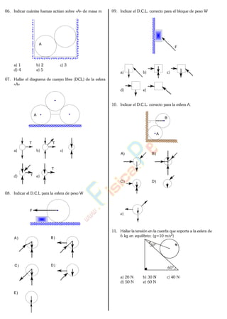 06. Indicar cuántas fuerzas actúan sobre «A» de masa m
A
a) 1 b) 2 c) 3
d) 4 e) 5
07. Hallar el diagrama de cuerpo libre (DCL) de la esfera
«A»
A
a)
T
b)
T
c)
d) T e)
T
08. Indicar el D.C.L para la esfera de peso W
F
A) B)
C) D)
E)
09. Indicar el D.C.L. correcto para el bloque de peso W
F
a) b) c)
d) e)
10. Indicar el D.C.L. correcto para la esfera A.
A
B
A) B)
C) D)
e)
11. Hallar la tensión en la cuerda que soporta a la esfera de
6 kg en equilibrio; (g=10 m/s2)
60º
30º
a) 20 N b) 30 N c) 40 N
d) 50 N e) 60 N
www.
.
Fisica
eP
 
