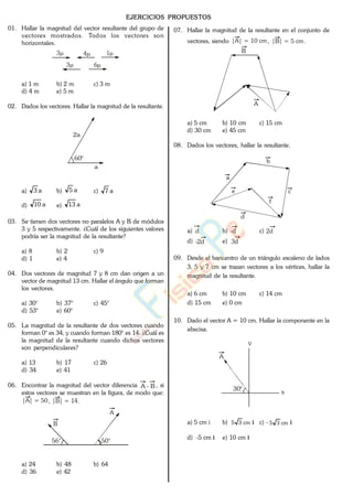 EJERCICIOS PROPUESTOS
01. Hallar la magnitud del vector resultante del grupo de
vectores mostrados. Todos los vectores son
horizontales.
3 4 1
3 6
a) 1 m b) 2 m c) 3 m
d) 4 m e) 5 m
02. Dados los vectores. Hallar la magnitud de la resultante.
2a
a
60°
a) a3 b) a5 c) a7
d) a10 e) a13
03. Se tienen dos vectores no paralelos A y B de módulos
3 y 5 respectivamente. ¿Cuál de los siguientes valores
podría ser la magnitud de la resultante?
a) 8 b) 2 c) 9
d) 1 e) 4
04. Dos vectores de magnitud 7 y 8 cm dan origen a un
vector de magnitud 13 cm. Hallar el ángulo que forman
los vectores.
a) 30° b) 37° c) 45°
d) 53° e) 60°
05. La magnitud de la resultante de dos vectores cuando
forman 0° es 34, y cuando forman 180° es 14. ¿Cuál es
la magnitud de la resultante cuando dichos vectores
son perpendiculares?
a) 13 b) 17 c) 26
d) 34 e) 41
06. Encontrar la magnitud del vector diferencia A - B , si
estos vectores se muestran en la figura, de modo que:
|A| = 50, |B| = 14.
56° 50°
B
A
a) 24 b) 48 b) 64
d) 36 e) 42
07. Hallar la magnitud de la resultante en el conjunto de
vectores, siendo |A| = 10 cm, |B| = 5 cm.
A
B
a) 5 cm b) 10 cm c) 15 cm
d) 30 cm e) 45 cm
08. Dados los vectores, hallar la resultante.
a
b
c
d
e
f
a) d b) -d c) 2d
d) -2d e) 3d
09. Desde el baricentro de un triángulo escaleno de lados
3, 5 y 7 cm se trazan vectores a los vértices, hallar la
magnitud de la resultante.
a) 6 cm b) 10 cm c) 14 cm
d) 15 cm e) 0 cm
10. Dado el vector A = 10 cm. Hallar la componente en la
abscisa.
A
30°
y
x
a) 5 cm i b) cm35 i c) - cm35 i
d) -5 cm i e) 10 cm i
www.
.
Fisica
eP
 