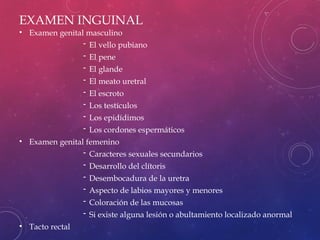 EXAMEN INGUINAL
• Examen genital masculino
- El vello pubiano
- El pene
- El glande
- El meato uretral
- El escroto
- Los testículos
- Los epidídimos
- Los cordones espermáticos
• Examen genital femenino
- Caracteres sexuales secundarios
- Desarrollo del clítoris
- Desembocadura de la uretra
- Aspecto de labios mayores y menores
- Coloración de las mucosas
- Si existe alguna lesión o abultamiento localizado anormal
• Tacto rectal
 