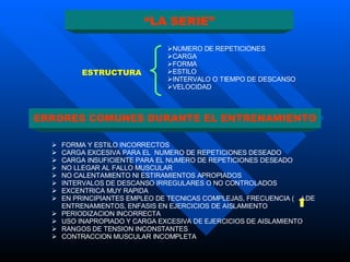 “ LA SERIE” NUMERO DE REPETICIONES CARGA FORMA ESTILO INTERVALO O TIEMPO DE DESCANSO VELOCIDAD ESTRUCTURA ERRORES COMUNES DURANTE EL ENTRENAMIENTO FORMA Y ESTILO INCORRECTOS CARGA EXCESIVA PARA EL  NUMERO DE REPETICIONES DESEADO CARGA INSUFICIENTE PARA EL NUMERO DE REPETICIONES DESEADO NO LLEGAR AL FALLO MUSCULAR NO CALENTAMIENTO NI ESTIRAMIENTOS APROPIADOS INTERVALOS DE DESCANSO IRREGULARES O NO CONTROLADOS EXCENTRICA MUY RAPIDA EN PRINCIPIANTES EMPLEO DE TECNICAS COMPLEJAS, FRECUENCIA (  ) DE ENTRENAMIENTOS, ENFASIS EN EJERCICIOS DE AISLAMIENTO PERIODIZACION INCORRECTA USO INAPROPIADO Y CARGA EXCESIVA DE EJERCICIOS DE AISLAMIENTO RANGOS DE TENSION INCONSTANTES CONTRACCION MUSCULAR INCOMPLETA 