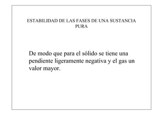 ESTABILIDAD DE LAS FASES DE UNA SUSTANCIA
                  PURA




De modo que para el sólido se tiene una
pendiente ligeramente negativa y el gas un
valor mayor.
 