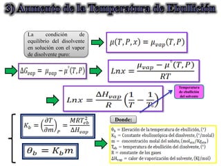 La condición de
equilibrio del disolvente
en solución con el vapor
de disolvente puro:
Temperatura
de ebullición
del solvente
Donde:
 