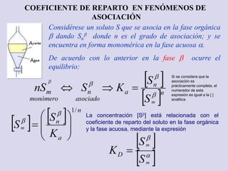 Considérese un soluto S que se asocia en la fase orgánica
 dando Sn
 donde n es el grado de asociación; y se
encuentra en forma monomérica en la fase acuosa .
De acuerdo con lo anterior en la fase  ocurre el
equilibrio:
COEFICIENTE DE REPARTO EN FENÓMENOS DE
ASOCIACIÓN
La concentración [S] está relacionada con el
coeficiente de reparto del soluto en la fase orgánica
y la fase acuosa, mediante la expresión
Si se considera que la
asociación es
prácticamente completa, el
numerador de esta
expresión es igual a la [ ]
analitica
 
