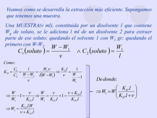 Veamos como se desarrolla la extracción más eficiente. Supongamos
que tenemos una muestra.
Una MUESTRA(v ml), constituida por un disolvente 1 que contiene
Wg de soluto, se le adiciona l ml de un disolvente 2 para extraer
parte de ese soluto; quedando el solvente 1 con W1 gr; quedando el
primero con W-W1.
 