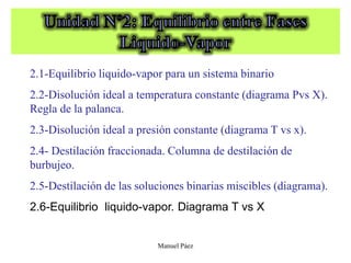 Manuel Páez
2.1-Equilibrio liquido-vapor para un sistema binario
2.2-Disolución ideal a temperatura constante (diagrama Pvs X).
Regla de la palanca.
2.3-Disolución ideal a presión constante (diagrama T vs x).
2.4- Destilación fraccionada. Columna de destilación de
burbujeo.
2.5-Destilación de las soluciones binarias miscibles (diagrama).
2.6-Equilibrio liquido-vapor. Diagrama T vs X
 
