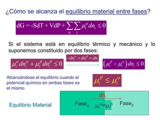 ¿Cómo se alcanza el equilibrio material entre fases?
i
i
dG = -SdT + VdP + 0

 i
dn



Si el sistema está en equilibrio térmico y mecánico y lo
suponemos constituido por dos fases:
0
 
i i i i
dn dn
   
    0
 
i i i
dn
 
 

i i
 
 
  
i i i
dn dn dn
 
Fase Fase
dni
Equilibrio Material
Alcanzándose el equilibrio cuando el
potencial químico en ambas fases es
el mismo
i
=i

 