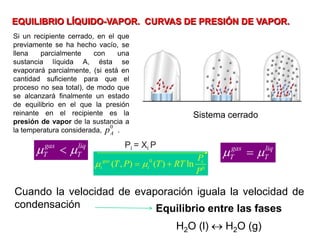 EQUILIBRIO LÍQUIDO-VAPOR. CURVAS DE PRESIÓN DE VAPOR.
Sistema cerrado

gas liq
T T
 
0
0
( , ) ( ) ln
 
gas i
i i
P
T P T RT
P
 
Pi = Xi P

gas liq
T T
 
Equilibrio entre las fases
H2O (l)  H2O (g)
Cuando la velocidad de evaporación iguala la velocidad de
condensación
Si un recipiente cerrado, en el que
previamente se ha hecho vacío, se
llena parcialmente con una
sustancia líquida A, ésta se
evaporará parcialmente, (si está en
cantidad suficiente para que el
proceso no sea total), de modo que
se alcanzará finalmente un estado
de equilibrio en el que la presión
reinante en el recipiente es la
presión de vapor de la sustancia a
la temperatura considerada, .
0
A
p
 