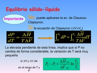 Equilibrio sólido-líquido
Importante No puede aplicarse la ec. de Clausius-
Clapeyron,
Si la ecuación de Clapeyron (VVg)



dP H
dT T V
2 2
1 1



 
P T
P T
H
dP dT
T V
La elevada pendiente de esta línea, implica que si P no
cambia de forma considerable, la variación de T será muy
pequeña
2
2 1
1
ln
fus
fus
T
H
P P
T
V

 

si H y V cte
en el rango de T y
P
 