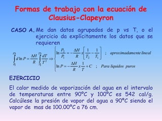 CASO A.

























 

puros
liquidos
Para
C
T
x
R
H
P
lineal
mente
aproximada
T
T
x
R
H
P
P
T
dT
R
H
P
d
T
T
P
P
;
1
ln
;
1
1
ln
ln 1
2
1
2
2
2
1
2
1
EJERCICIO
El calor medido de vaporización del agua en el intervalo
de temperaturas entre 90ºC y 100ºC es 542 cal/g.
Calcúlese la presión de vapor del agua a 90ºC siendo el
vapor de mas de 100.00ºC a 76 cm.
Me dan datos agrupados de p vs T, o el
ejercicio da explícitamente los datos que se
requieren
Formas de trabajo con la ecuación de
Clausius-Clapeyron
 