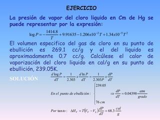 EJERCICIO
La presión de vapor del cloro liquido en Cm de Hg se
puede representar por la expresión:
El volumen especifico del gas de cloro en su punto de
ebullición es 269.1 cc/g y el del liquido es
aproximadamente 0.7 cc/g. Calcúlese el calor de
vaporización del cloro liquido en cal/g en su punto de
ebullición, 239.05K.
SOLUCIÓN
2
5
2
10
34
.
1
10
206
.
1
91635
.
9
8
.
1414
log T
x
T
x
T
P 






 
g
cal
dT
dP
V
V
T
H
to
Por
cm
grado
atm
dT
dP
ebullición
de
punto
el
En
dT
dP
x
P
dT
P
d
x
dT
P
d
L
V
V 3
.
68
:
tan
76
04398
.
0
05
.
239
:
303
.
2
1
ln
303
.
2
1
log















 