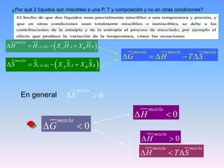  
( )

   
mezcla
A B A B
A B
H H X H X H
 
( )

   
mezcla
A B A B
A B
S S X S X S
En general 0
 
mezcla
S
0
 
mezcla
G
¿Por qué 2 líquidos son miscibles a una P, T y composición y no en otras condiciones?
    
mezcla mezcla mezcla
G H T S
0
 
mezcla
H
0
 
mezcla
H
  
mezcla mezcla
H T S
 