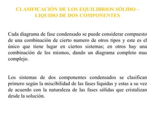 CLASIFICACIÓN DE LOS EQUILIBRIOS SÓLIDO –
LIQUIDO DE DOS COMPONENTES
Cada diagrama de fase condensado se puede considerar compuesto
de una combinación de cierto numero de otros tipos y este es el
único que tiene lugar en ciertos sistemas; en otros hay una
combinación de los mismos, dando un diagrama completo mas
complejo.
Los sistemas de dos componentes condensados se clasifican
primero según la miscibilidad de las fases liquidas y estas a su vez
de acuerdo con la naturaleza de las fases sólidas que cristalizan
desde la solución.
 
