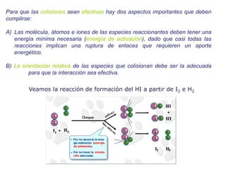 Manuel Páez
Para que las colisiones sean efectivas hay dos aspectos importantes que deben
cumplirse:
A) Las molécula, átomos e iones de las especies reaccionantes deben tener una
energía mínima necesaria (energía de activación), dado que casi todas las
reacciones implican una ruptura de enlaces que requieren un aporte
energético.
B) La orientación relativa de las especies que colisionan debe ser la adecuada
para que la interacción sea efectiva.
Veamos la reacción de formación del HI a partir de I2 e H2
 