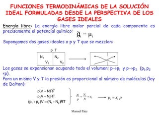 Manuel Páez
Energía libre: La energía libre molar parcial de cada componente es
precisamente el potencial químico:
Supongamos dos gases ideales a p y T que se mezclan:
Los gases se expansionan ocupando todo el volumen: pp1 y pp2 (p1,p2
<p).
Para un mismo V y T la presión es proporcional al número de moléculas (ley
de Dalton):
i
i
g
~ 

T
p
V1
N1 N2
V2
1
1
1
x
N
N
p
p

 p
x
p i
i 
RT
N
V
p 1
1 
RT
N
V
p 2
2 
RT
)
N
N
(
V
)
p
p
( 2
1
2
1 


FUNCIONES TERMODINÁMICAS DE LA SOLUCIÓN
IDEAL FORMULADAS DESDE LA PERSPECTIVA DE LOS
GASES IDEALES
 