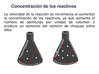 La velocidad de la reacción se incrementa al aumentar
la concentración de los reactivos, ya que aumenta el
número de partículas por unidad de volumen y
produce un aumento del número de choques entre
ellos.
Concentración de los reactivos
 