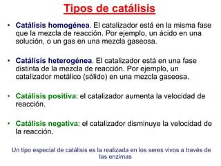 Tipos de catálisis
• Catálisis homogénea. El catalizador está en la misma fase
que la mezcla de reacción. Por ejemplo, un ácido en una
solución, o un gas en una mezcla gaseosa.
• Catálisis heterogénea. El catalizador está en una fase
distinta de la mezcla de reacción. Por ejemplo, un
catalizador metálico (sólido) en una mezcla gaseosa.
• Catálisis positiva: el catalizador aumenta la velocidad de
reacción.
• Catálisis negativa: el catalizador disminuye la velocidad de
la reacción.
Un tipo especial de catálisis es la realizada en los seres vivos a través de
las enzimas
 