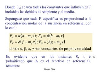 Manuel Páez
Donde FM abarca todas las constantes que influyen en F
incluidas las debidas al recipiente y al medio.
Supóngase que cada F especifica es proporcional a la
concentración molar de la sustancia en referencia, con
lo cual:
   
   
alidad
proporcion
de
constantes
son
γ
φ,
β,
α,
donde
;
;
x
m
g
F
x
m
f
F
x
m
b
F
x
m
a
F
g
G
f
F
b
B
a
A












Es evidente que en los instantes 0, t e
(admitiendo que A es el reactivo en referencia),
tenemos:

 