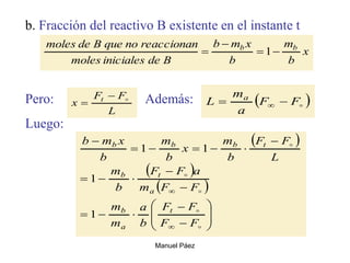 Manuel Páez
b. Fracción del reactivo B existente en el instante t
Pero: Además:
Luego:
x
b
m
b
x
m
b
B
de
iniciales
moles
reaccionan
no
que
B
de
moles b
b



 1
L
F
F
x t 

  

F
F
a
m
L a

 
 
 
 
































F
F
F
F
b
a
m
m
F
F
m
a
F
F
b
m
L
F
F
b
m
x
b
m
b
x
m
b
t
a
b
a
t
b
t
b
b
b
1
1
1
1
 