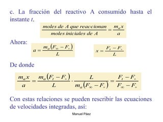 Manuel Páez
c. La fracción del reactivo A consumido hasta el
instante t.
Ahora:
De donde
Con estas relaciones se pueden rescribir las ecuaciones
de velocidades integradas, así:
a
x
m
A
de
iniciales
moles
reaccionan
que
A
de
moles a

 
L
F
F
m
a a 

 
L
F
F
x t 


 
  



F
F
F
F
F
F
m
L
L
F
F
m
a
x
m t
a
t
a
a









 