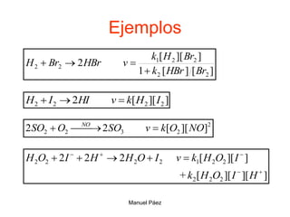 Manuel Páez
Ejemplos
]
[
]
[
1
]
][
[
2
2
2
2
2
1
2
2
Br
HBr
k
Br
H
k
v
HBr
Br
H




]
][
[
2 2
2
2
2 I
H
k
v
HI
I
H 


2
2
3
2
2 ]
][
[
2
2 NO
O
k
v
SO
O
SO NO




]
][
][
[
+
]
][
[
2
2
2
2
2
2
2
2
1
2
2
2
2










H
I
O
H
k
I
O
H
k
v
I
O
H
H
I
O
H
 