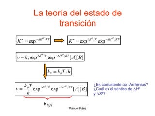 Manuel Páez
La teoría del estado de
transición
RT
G
K
*
0
exp 



]
][
[
exp
exp
*
0
*
0
2 B
A
k
v RT
H
R
S 



h
T
k
k B

2
RT
H
R
S
K
*
0
*
0
exp
exp 




]
][
[
exp
exp
*
0
*
0
B
A
h
T
k
v RT
H
R
S
B 



kTST
¿Es consistente con Arrhenius?
¿Cuál es el sentido de H#
y S#?
 