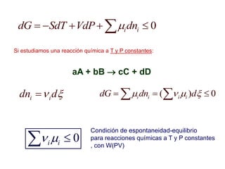 0
i i
dG SdT VdP dn

    

aA + bB  cC + dD
Si estudiamos una reacción química a T y P constantes:
i i
dn d
 
 ( ) 0
i i i i
dG dn d
   
  
 
0
i i
  

Condición de espontaneidad-equilibrio
para reacciones químicas a T y P constantes
, con W(PV)
 