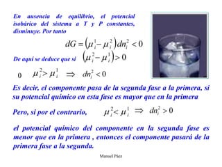 Manuel Páez
En ausencia de equilibrio, el potencial
isobárico del sistema a T y P constantes,
disminuye. Por tanto
De aquí se deduce que si
0
Es decir, el componente pasa de la segunda fase a la primera, si
su potencial químico en esta fase es mayor que en la primera
el potencial químico del componente en la segunda fase es
menor que en la primera , entonces el componente pasará de la
primera fase a la segunda.
Pero, si por el contrario,
 