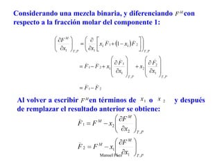Manuel Páez
Considerando una mezcla binaria, y diferenciando con
respecto a la fracción molar del componente 1:
Al volver a escribir en términos de o y después
de remplazar el resultado anterior se obtiene:
 